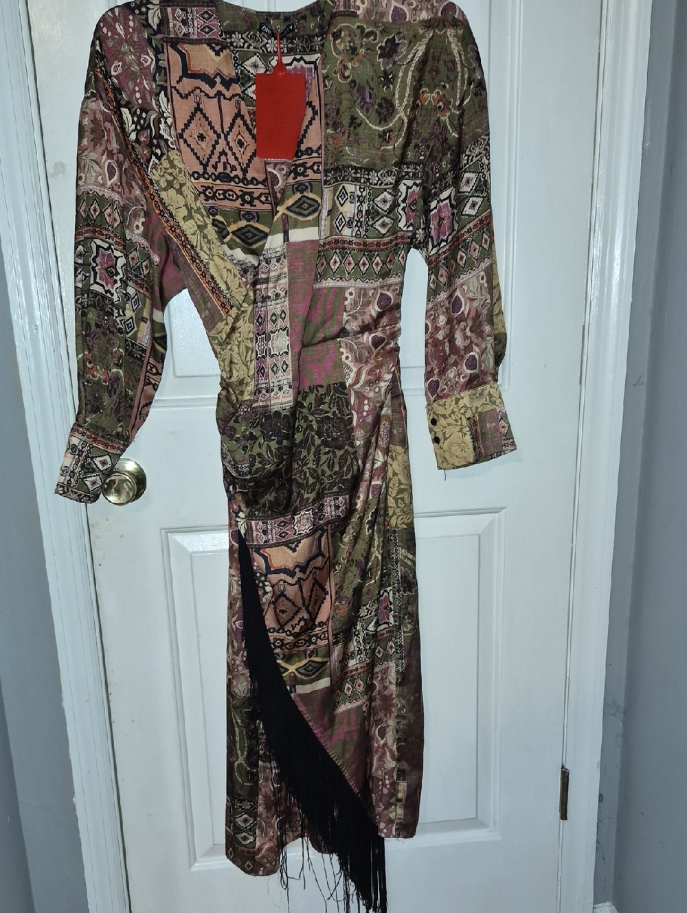Boho Wrap Midi Dress With Fringe Hem Size S
